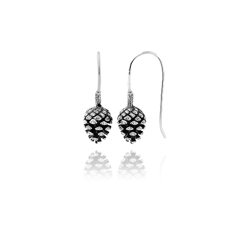 Sterling silver drop earrings featuring a pinecone design, meaning independence and intuition, from Evolve Inspired Jewellery