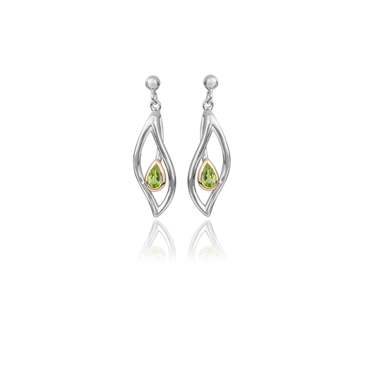 Sterling silver drop earrings featuring highlights of rose gold and a peridot stone in a leaf design, meaning forever, from Evolve Inspired Jewellery