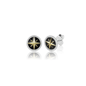 Evolve Nautical Collection Compass Stud Earrings in Silver with Gold and Black Enamel Accents