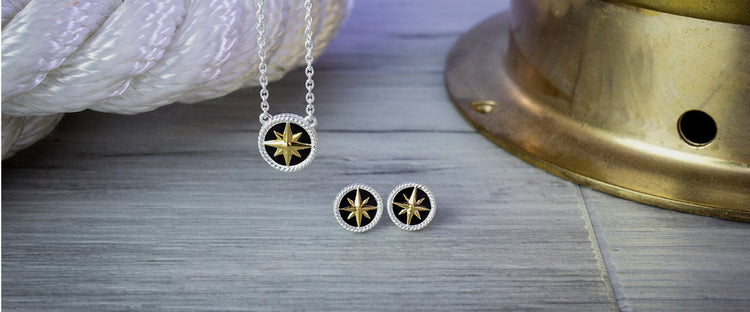 Evolve Nautical Collection - featuring silver, gold, and enamel black jewellery including charms, necklaces, and stud earrings.  Inspired by New Zealand's sea boating nautical culture.