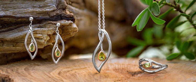 Evolve Forest Leaves collection - necklaces rings and drop earrings in silver gold and peridot