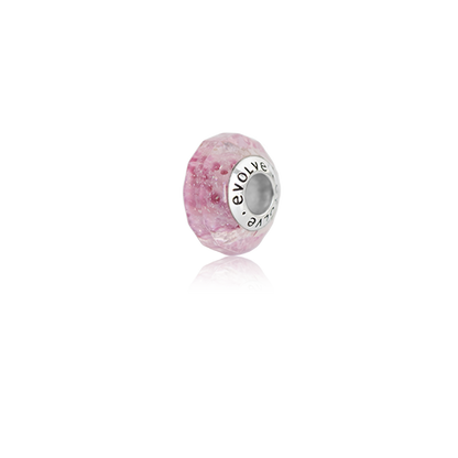 Pink charm with 'evolve' engraving on a white background