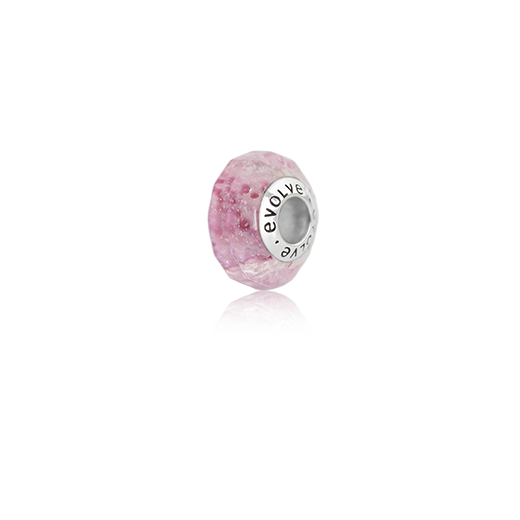 Pink charm with 'evolve' engraving on a white background