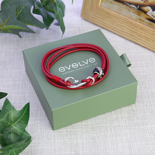 Evolve red leather travel wrap charm bracelet with black enamel silver fern kiwi new zealand charm