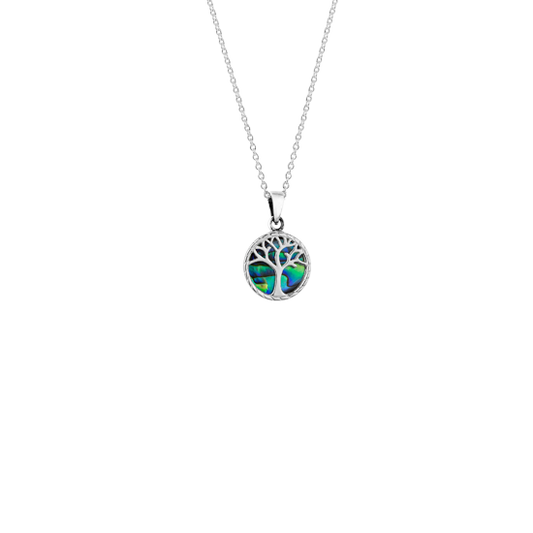Tree of Life design necklace featuring New Zealand paua, meaning strength, from Evolve Inspired Jewellery