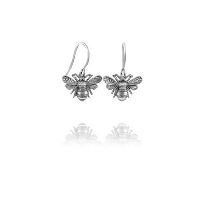 Sterling silver drop earrings featuring a bumble bee design, meaning diligent, from Evolve Inspired Jewellery