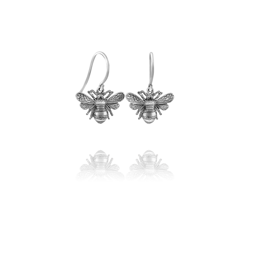 Sterling silver drop earrings featuring a bumble bee design, meaning diligent, from Evolve Inspired Jewellery