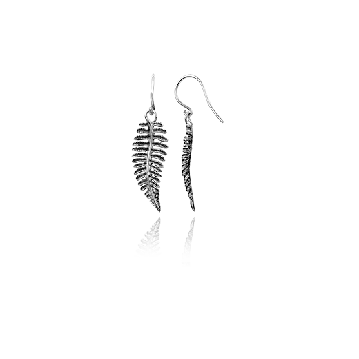 Sterling silver drop earrings featuring a fern design, meaning treasured, from Evolve Inspired Jewellery