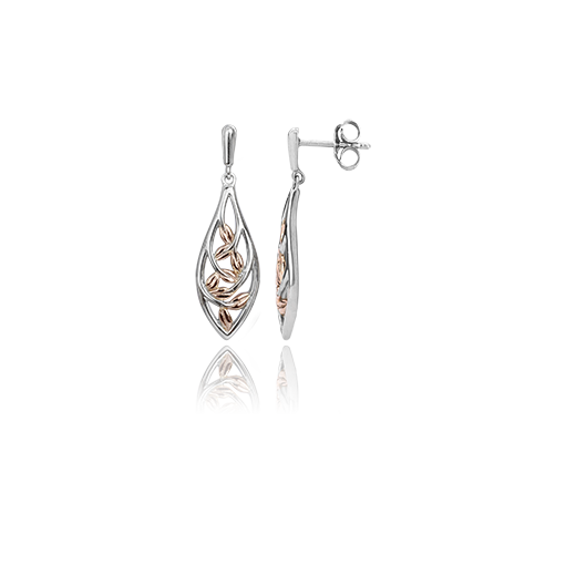 Sterling silver drop earrings with a forest vine design and highlights of 9ct rose gold, meaning family love, from Evolve Inspired Jewellery