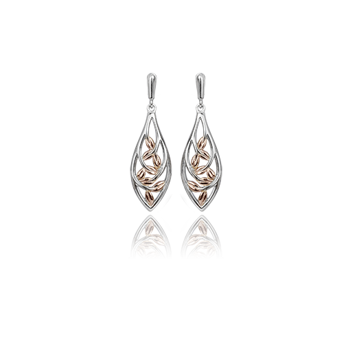 Sterling silver drop earrings with a forest vine design and highlights of 9ct rose gold, meaning family love, from Evolve Inspired Jewellery