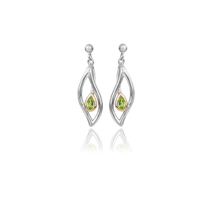 Sterling silver drop earrings featuring highlights of rose gold and a peridot stone in a leaf design, meaning forever, from Evolve Inspired Jewellery