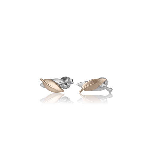 Sterling silver leaf design stud earrings featuring highlights of rose gold, meaning friendship, from Evolve Inspired Jewellery