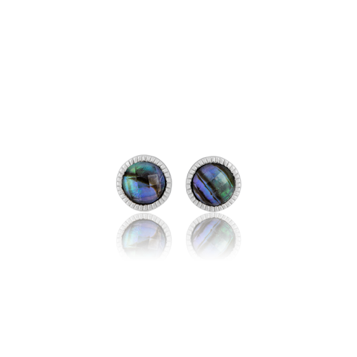 Sterling silver earring jacket style drops and studs featuring a round paua insert, from Evolve Inspired Jewellery