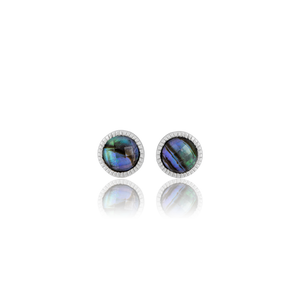 Sterling silver earring jacket style drops and studs featuring a round paua insert, from Evolve Inspired Jewellery