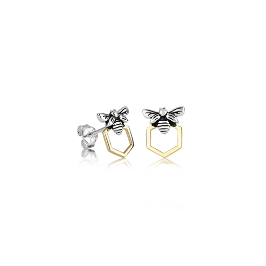 Honey Bee Studs, silver and gold studs meaning luck from Evolve Inspired Jewellery