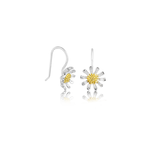 Wild Daisy Drops, silver and gold drop earrings meaning friendship from Evolve Inspired Jewellery