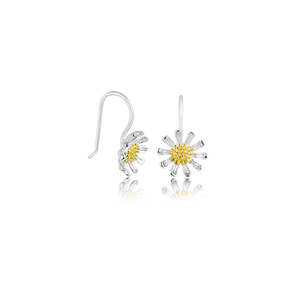 Wild Daisy Drops, silver and gold drop earrings meaning friendship from Evolve Inspired Jewellery