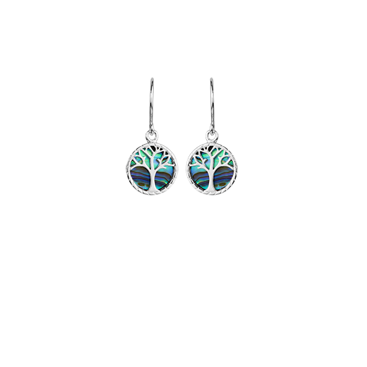 Tree of Life design drop earrings featuring New Zealand paua, meaning strength, from Evolve Inspired Jewellery 