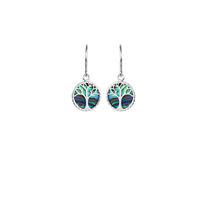 Tree of Life design drop earrings featuring New Zealand paua, meaning strength, from Evolve Inspired Jewellery 