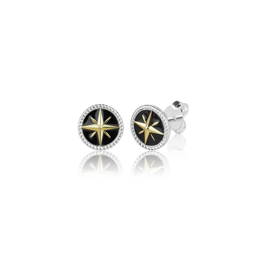 Evolve Nautical Collection Compass Stud Earrings in Silver with Gold and Black Enamel Accents