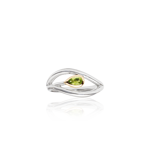 Sterling silver ring featuring highlights of rose gold and a peridot stone in a leaf design, meaning forever, from Evolve Inspired Jewellery