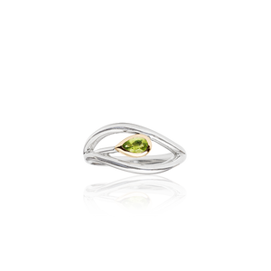 Sterling silver ring featuring highlights of rose gold and a peridot stone in a leaf design, meaning forever, from Evolve Inspired Jewellery