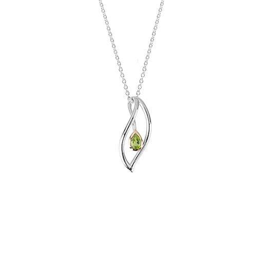 Sterling silver leaf design necklace, featuring highlights of rose gold and a peridot stone, meaning forever, from Evolve Inspired Jewellery