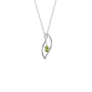 Sterling silver leaf design necklace, featuring highlights of rose gold and a peridot stone, meaning forever, from Evolve Inspired Jewellery