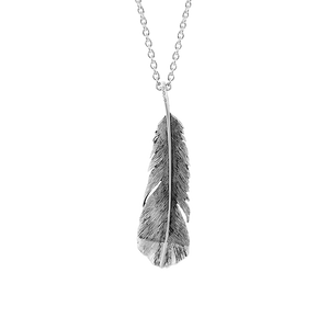 Sterling silver huia feather design necklace, meaning admired, from Evolve Inspired Jewellery