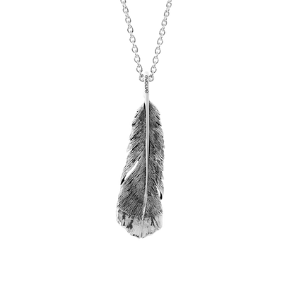 Sterling silver huia feather design necklace, meaning admired, from Evolve Inspired Jewellery