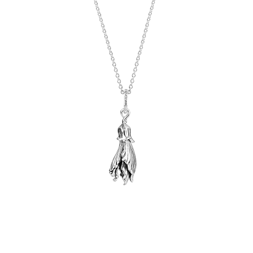 Sterling silver kowhai design necklace, meaning happiness, from Evolve Inspired Jewellery
