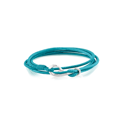 Teal coloured Safe Travel Wrap, leather charm bracelet, size 19cm, from Evolve Inspired Jewellery