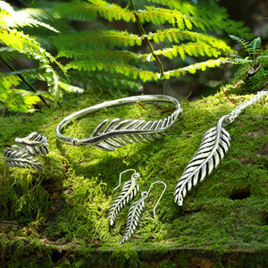 Sterling silver Statement bangle with fern design, from Evolve Jewellery New Zealand