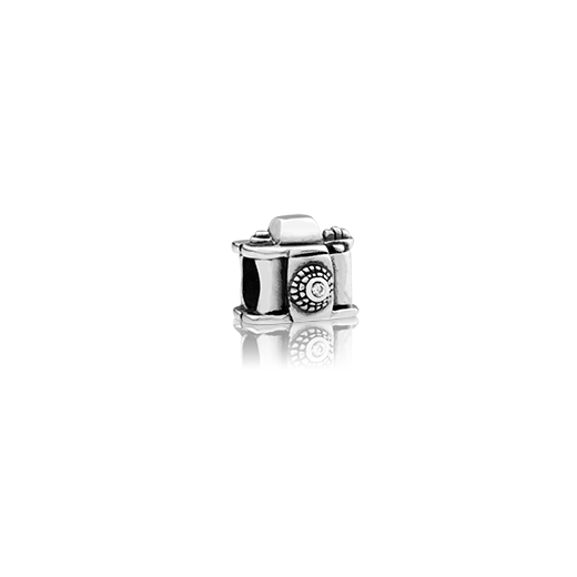 Traveller's Camera, silver bead charm with cubic zirconia stone from Evolve Inspired Jewellery